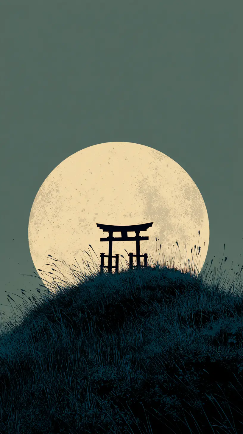 Solitary torii gate beneath a vast pale full moon