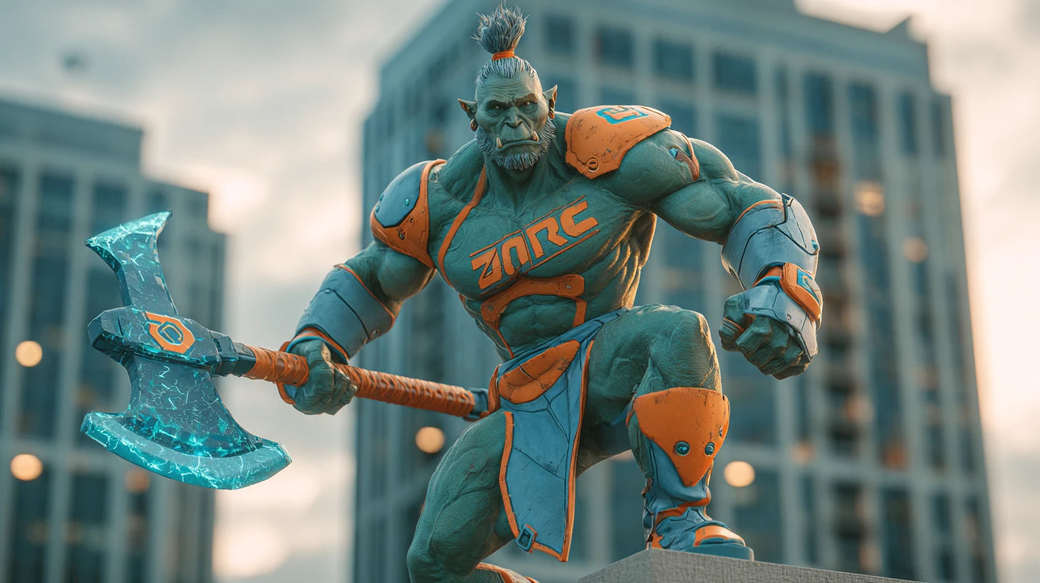 Muscular orc superhero posing on a city rooftop