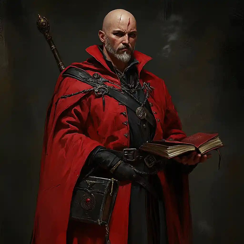 Bald scarred wizard in red robes holding a magic staff