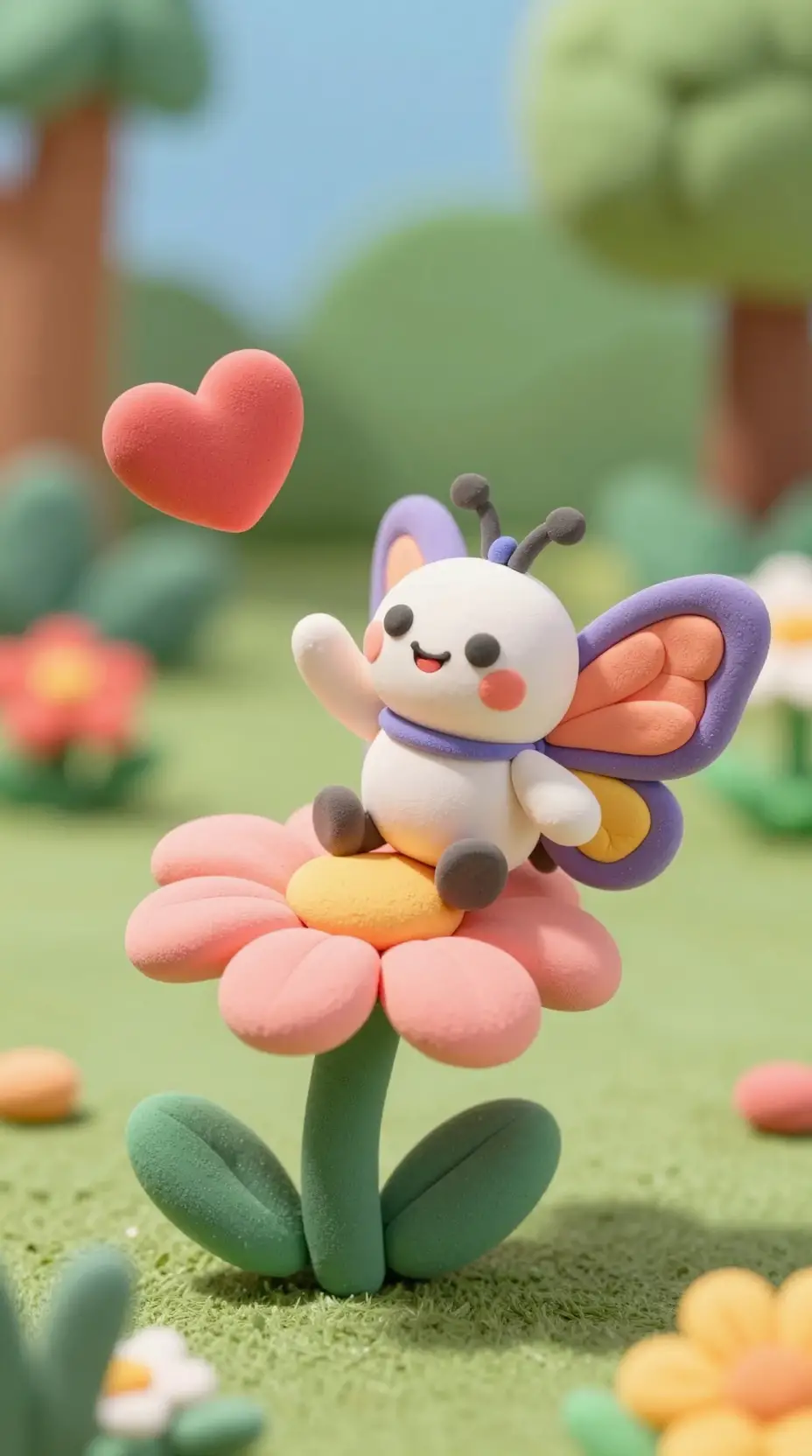 Cute clay butterfly with heart above pink flower