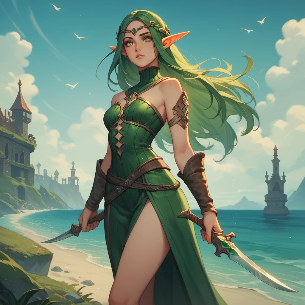 Green haired sea sorceress with emerald eyes and dagger