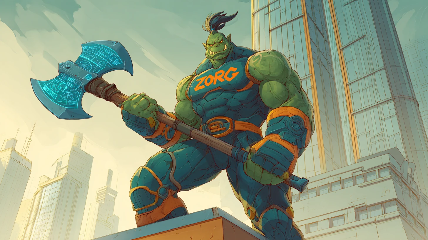 Heroic orc superhero posing with glowing axe above city