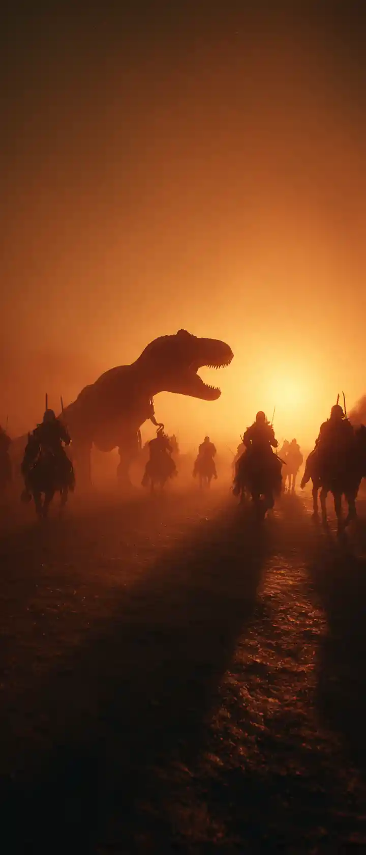 Römische Legionäre kämpfen in der Dämmerung gegen einen riesigen Tyrannosaurus