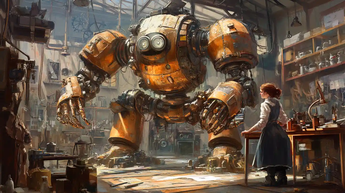 Robot steampunk e meccanica in un affollato laboratorio di inventore