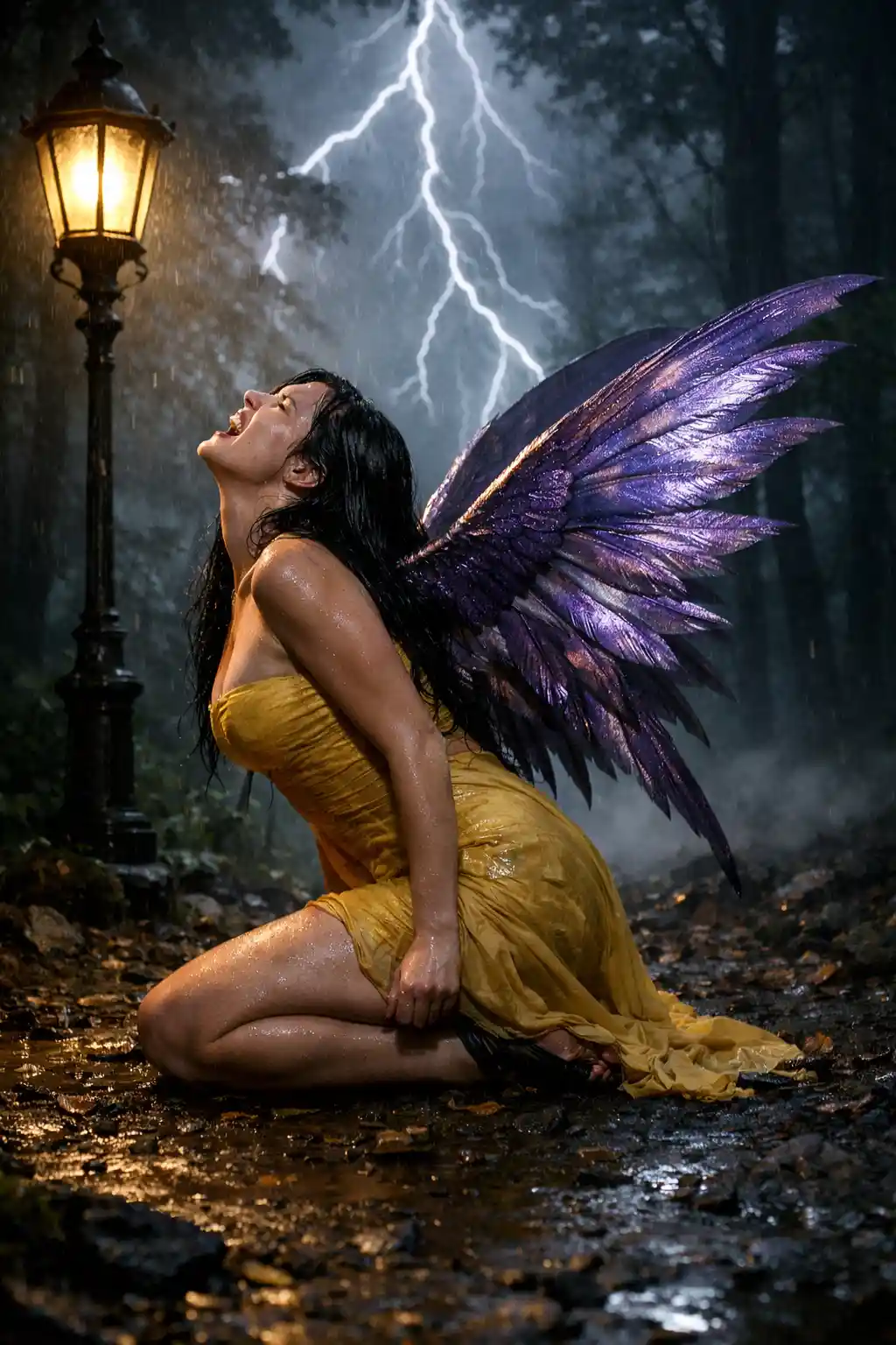 Winged woman in agony under a lone forest streetlamp
