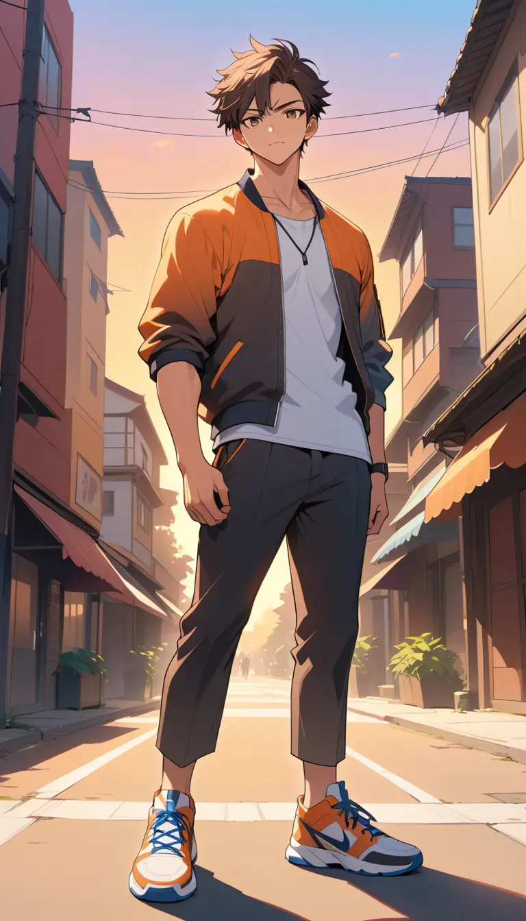 Joven atlético en una cálida escena de atardecer estilo anime