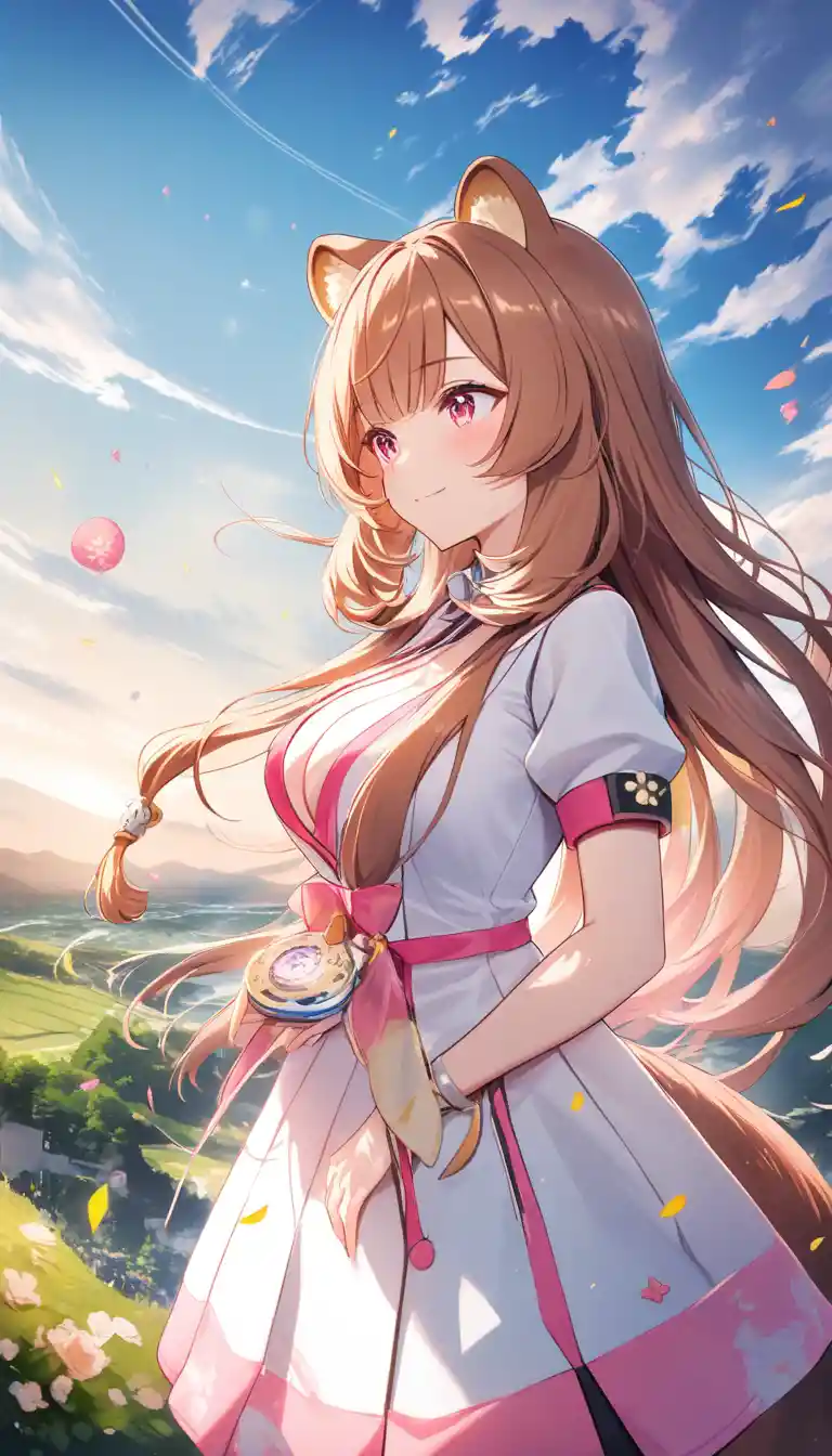Anime raccoon girl in white dress floating in the sky