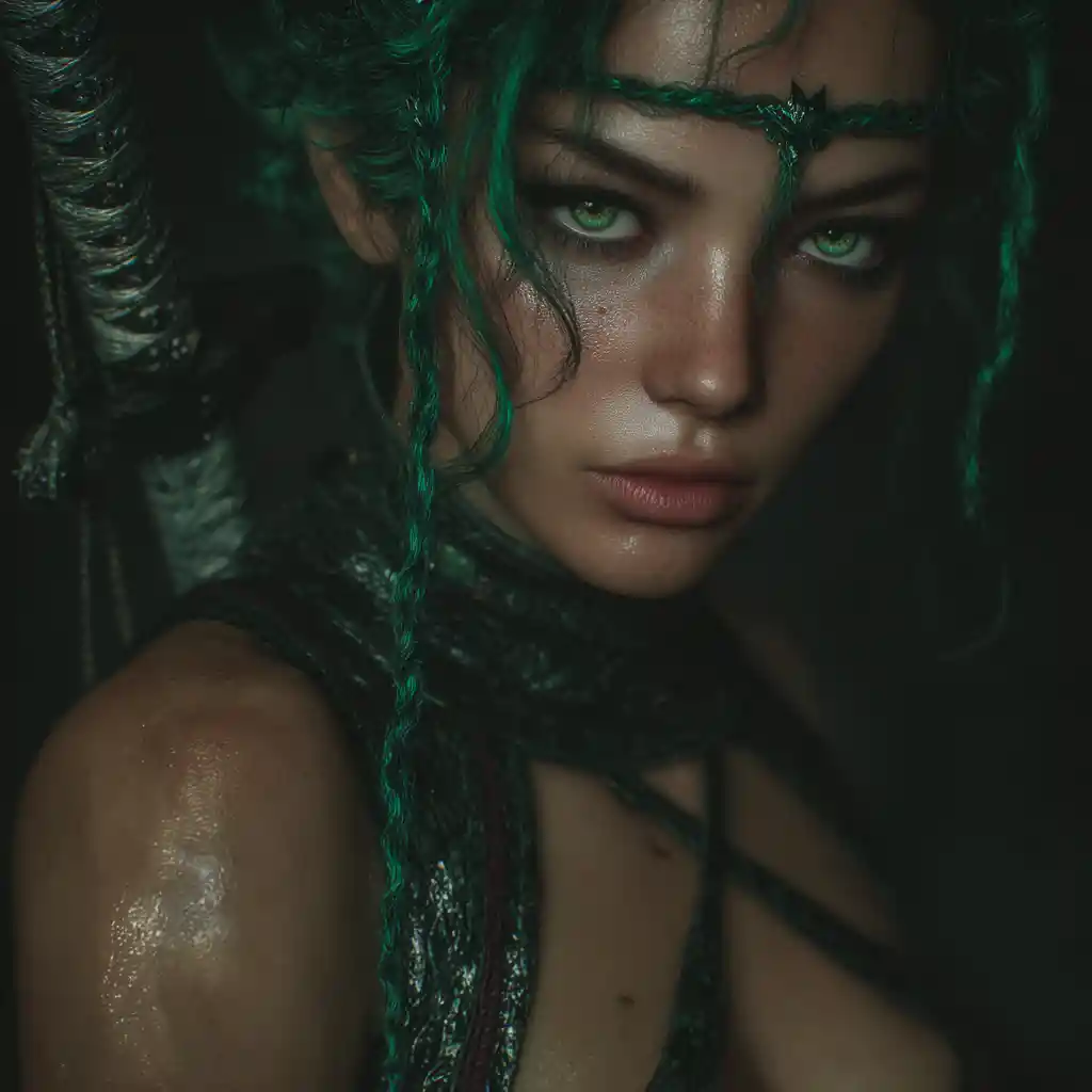 Sea elf sorceress with emerald eyes and enchanted dagger