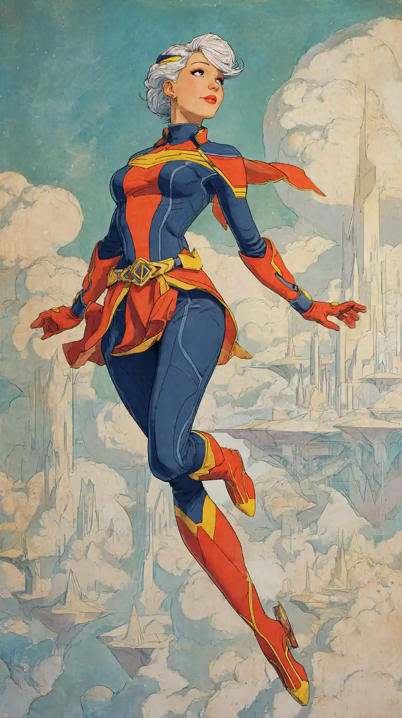 Retro futuristic superhero woman leaping among floating islands