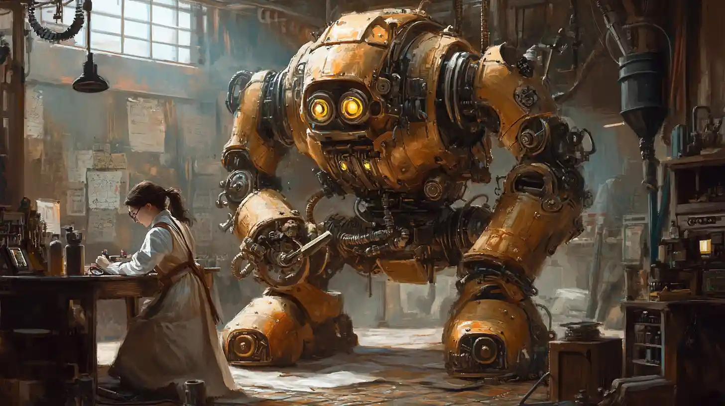 Steampunk robot and mechanic in a cluttered inventor workshop