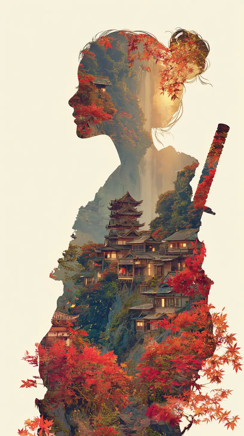 Woman silhouette filled with Japanese mountain village landscape