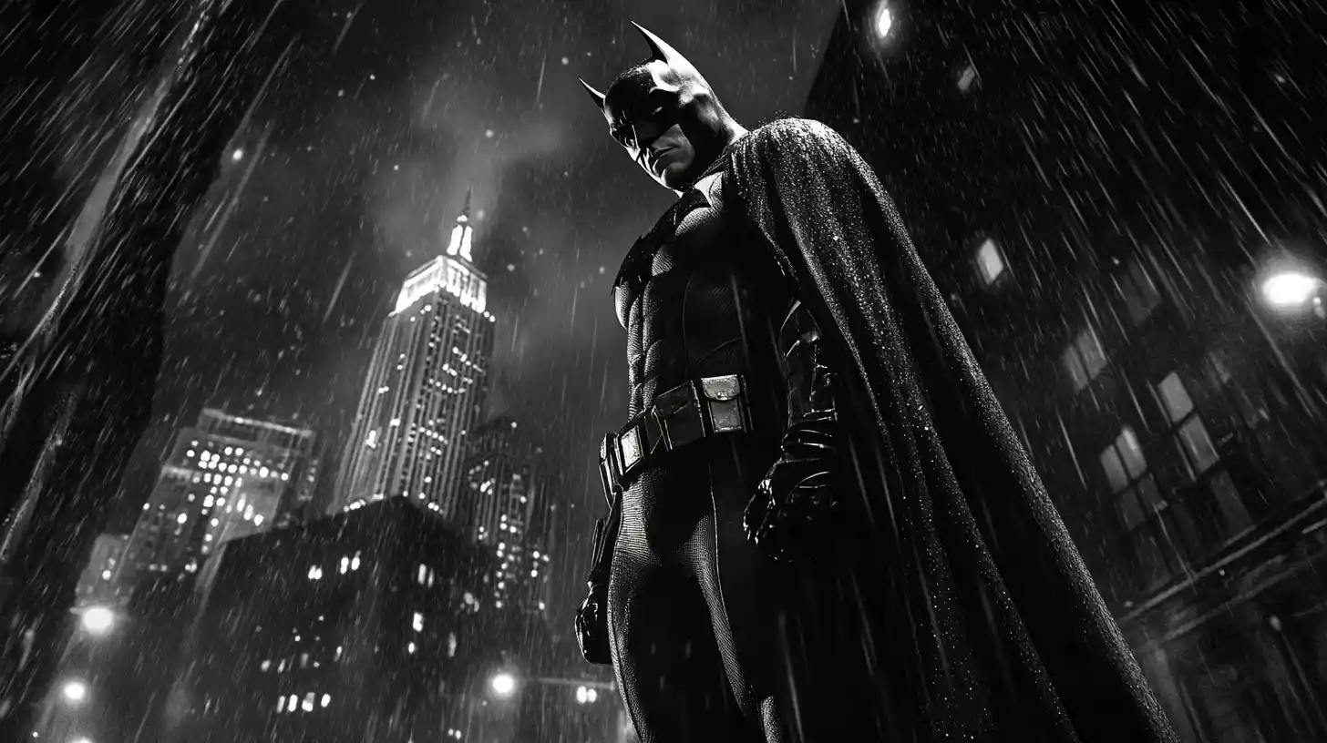 Caped superhero on rain soaked street in noir cityscape
