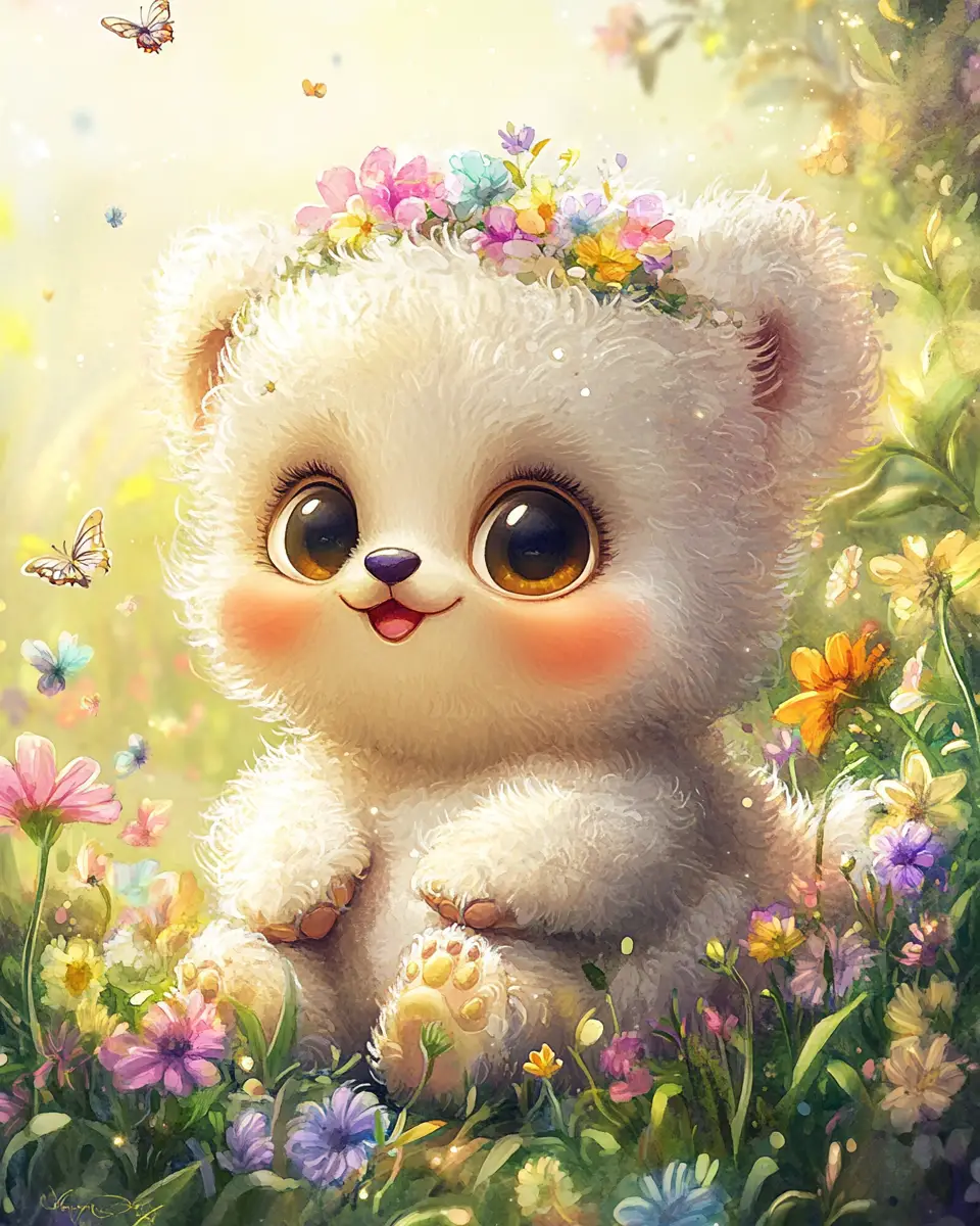 Whimsical baby animal in a sunny flower meadow