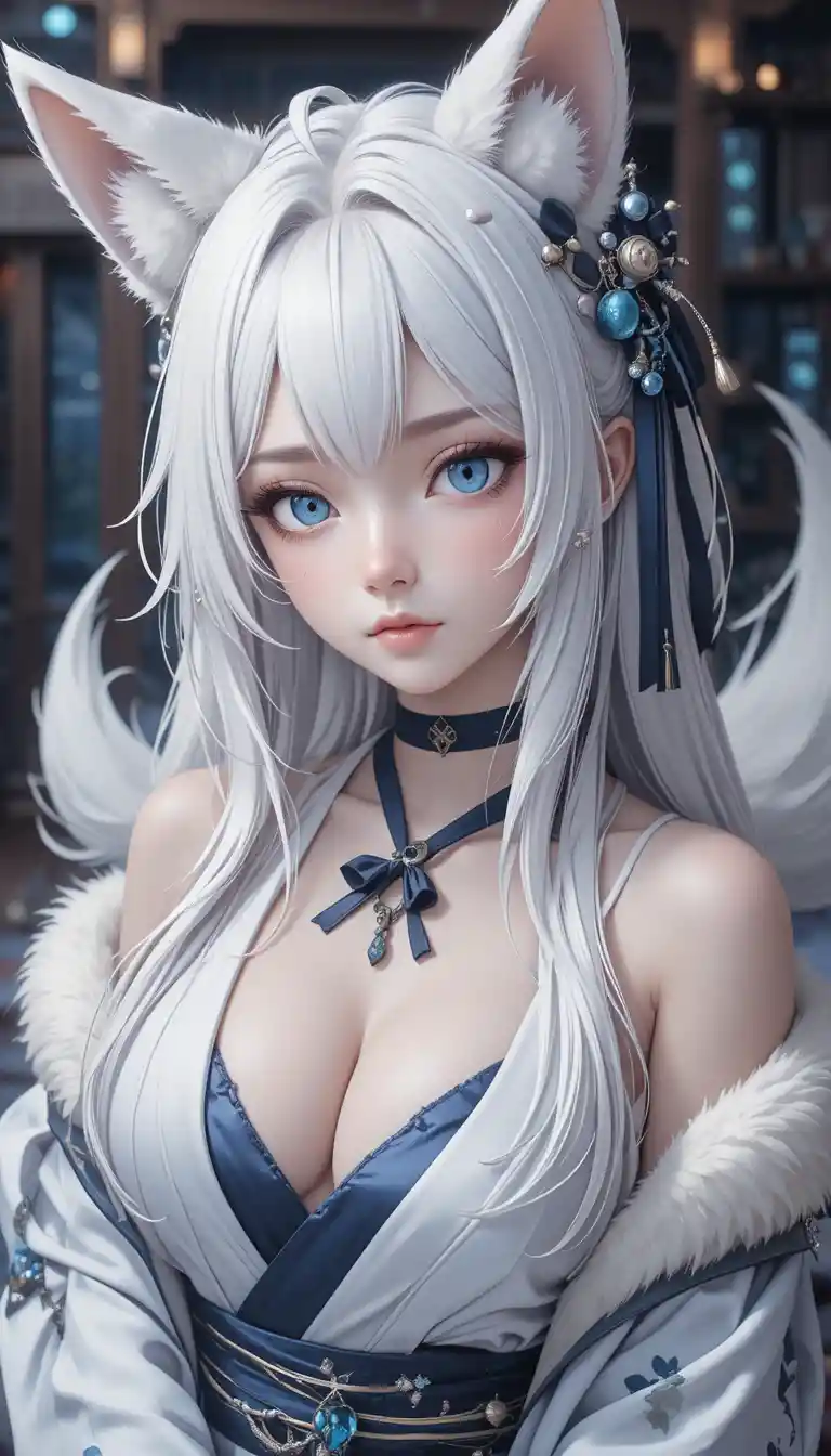 White haired fox girl in ornate kimono with multiple tails