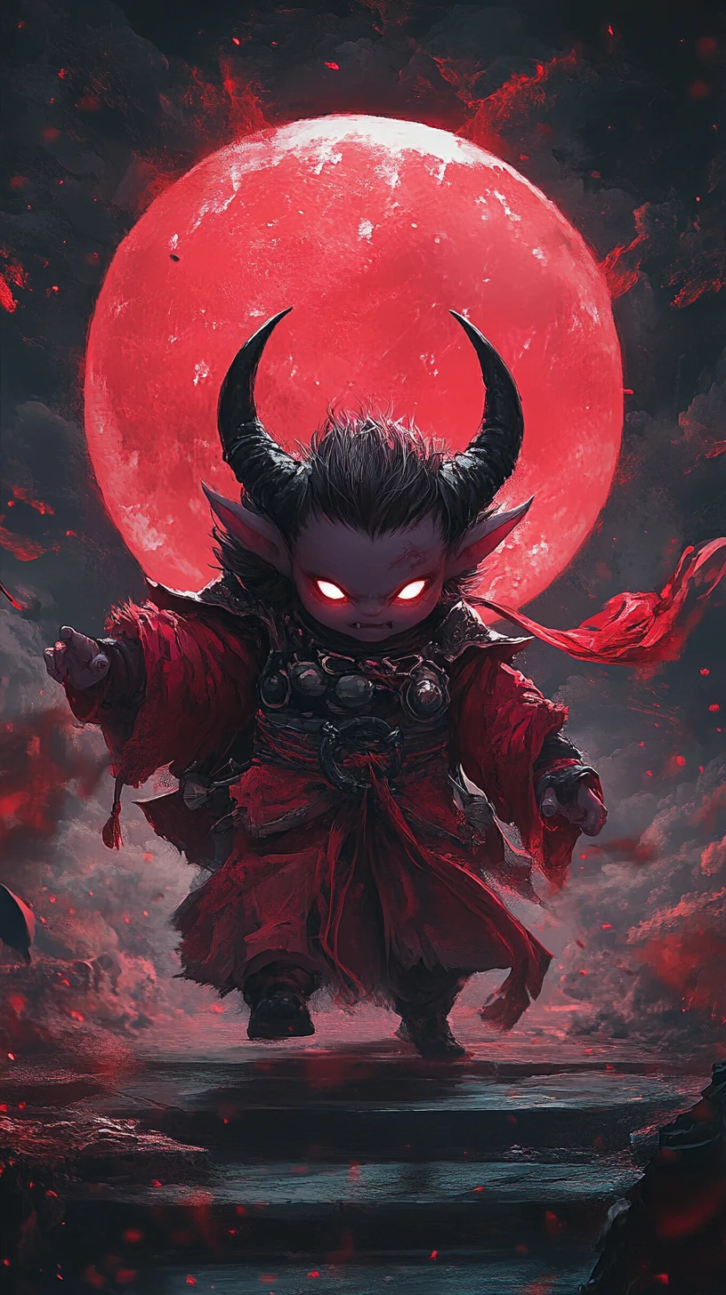 Chibi-Baby-Dämon vor einem leuchtend roten Mond schwebend