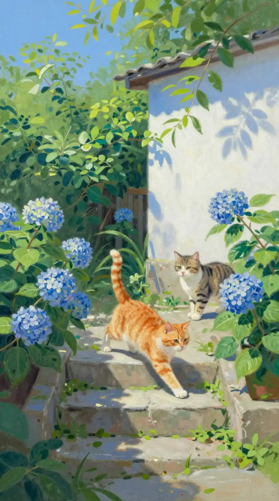 Playful orange cat on summer garden stone steps