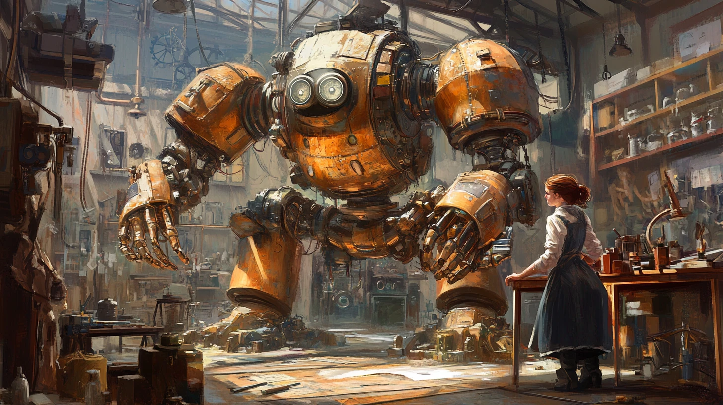 Steampunk robot and mechanic in a cluttered inventor workshop