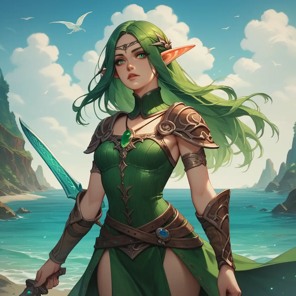 Sea elf sorceress with green hair and emerald eyes