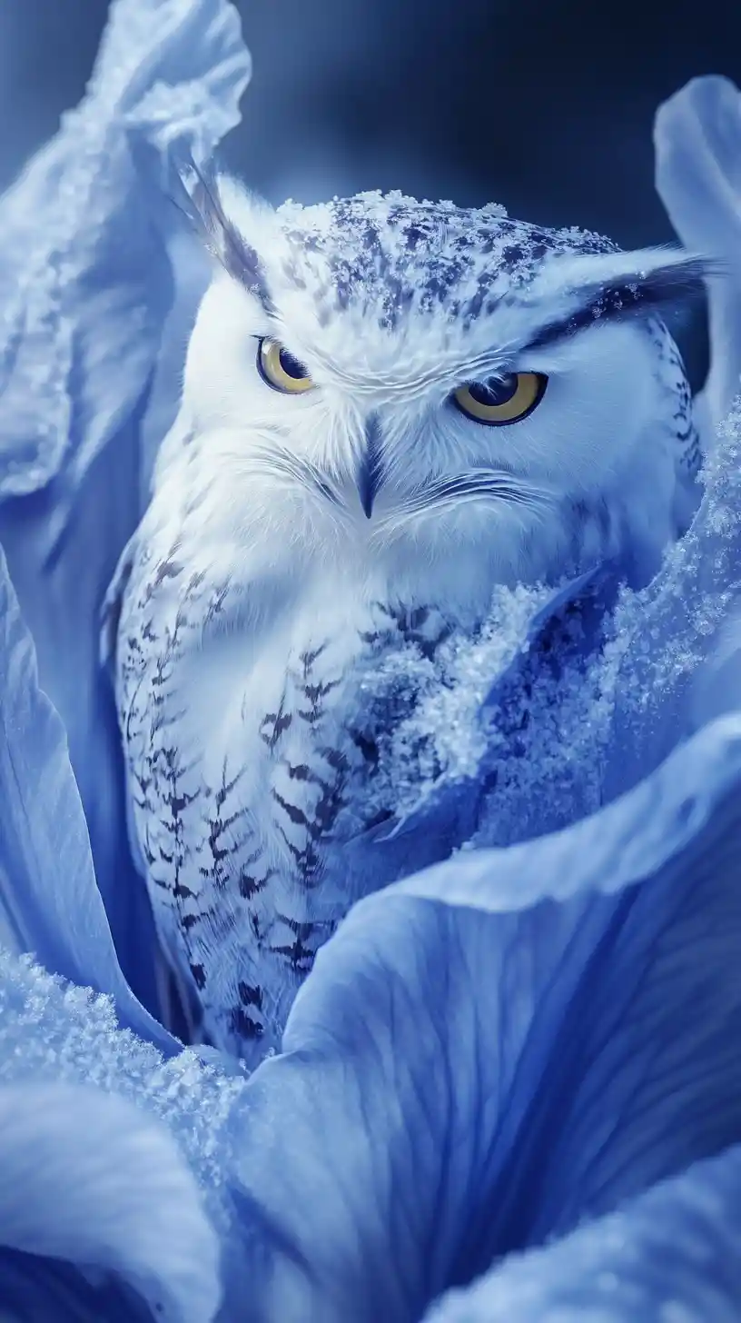 Schneeeule in einer mystischen Winter-Iris-Welt