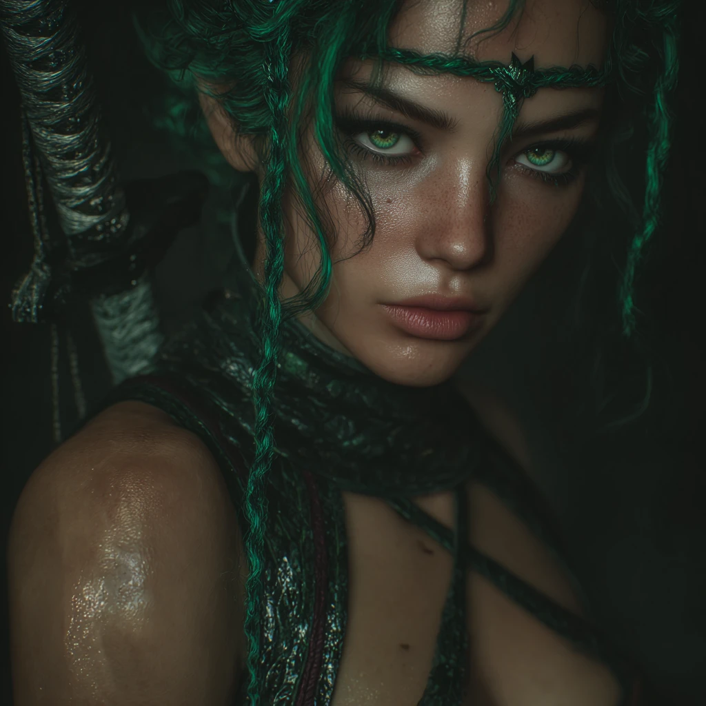 Sea elf sorceress with emerald eyes and enchanted dagger