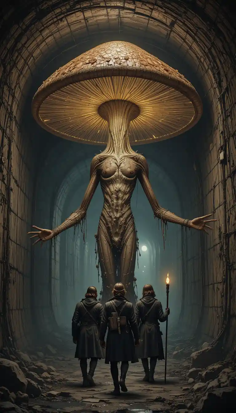 Glowing humanoid mushroom guiding adventurers in sewer tunnels