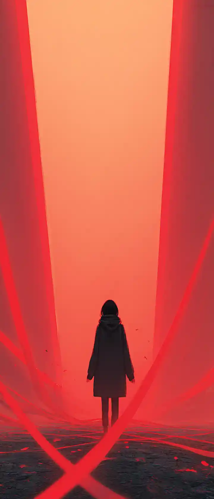 Figure in hoodie between glowing red light ribbons