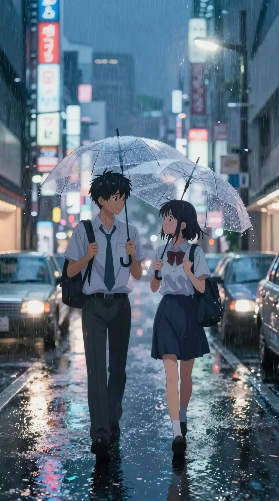 Two students crossing on a rainy neon lit Tokyo street