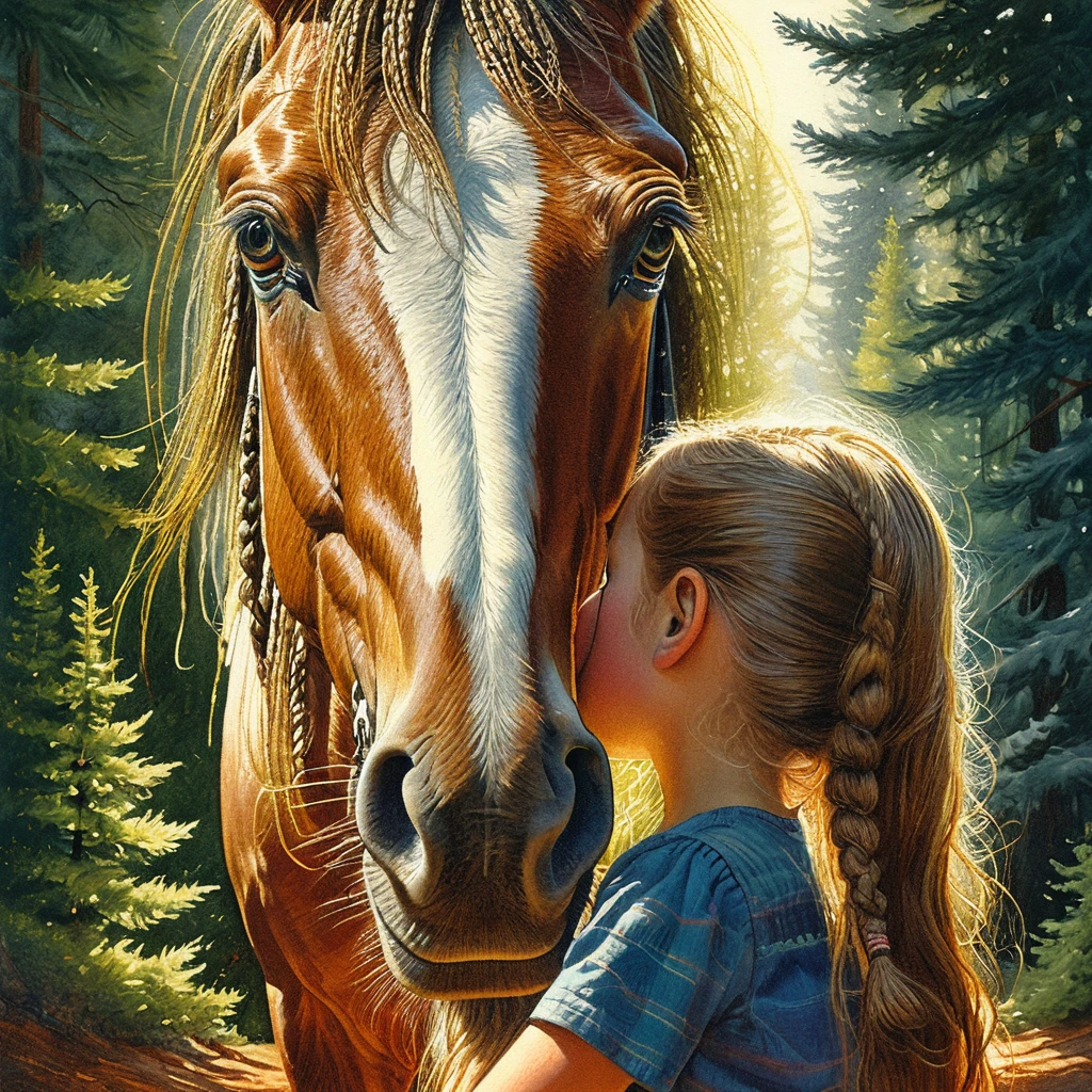 Young girl cuddling a gentle Clydesdale horse in forest