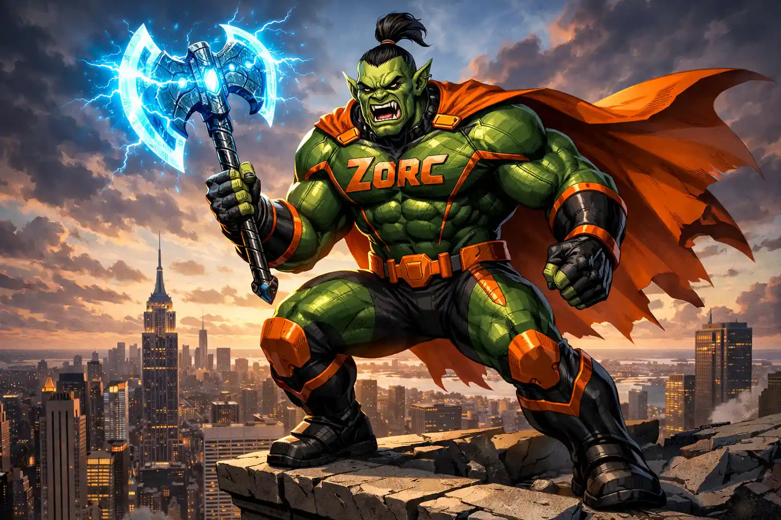 Supereroe orco eroico sopra lo skyline della città