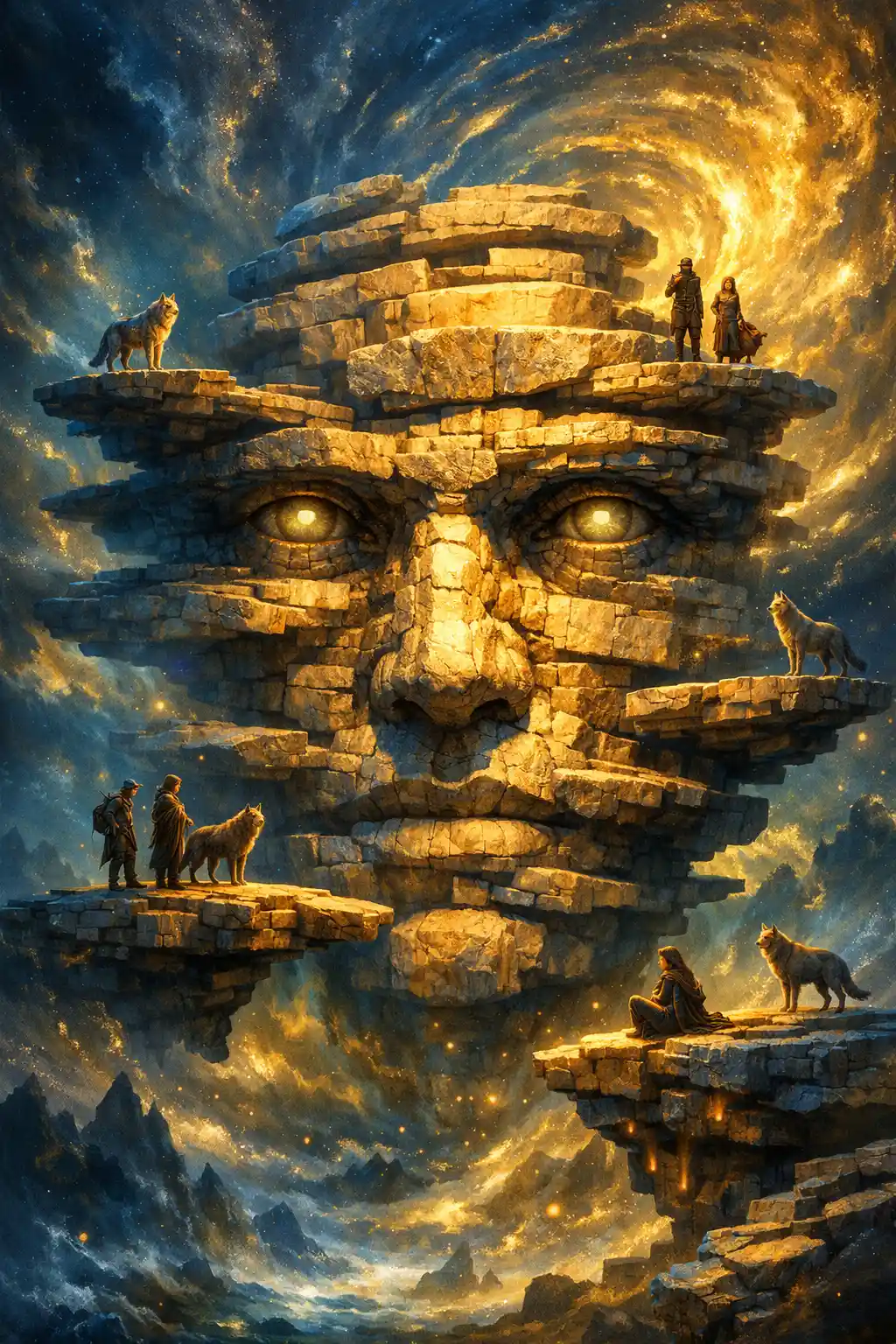 Giant Stone Face With Wolves In Surreal Dreamlike Light