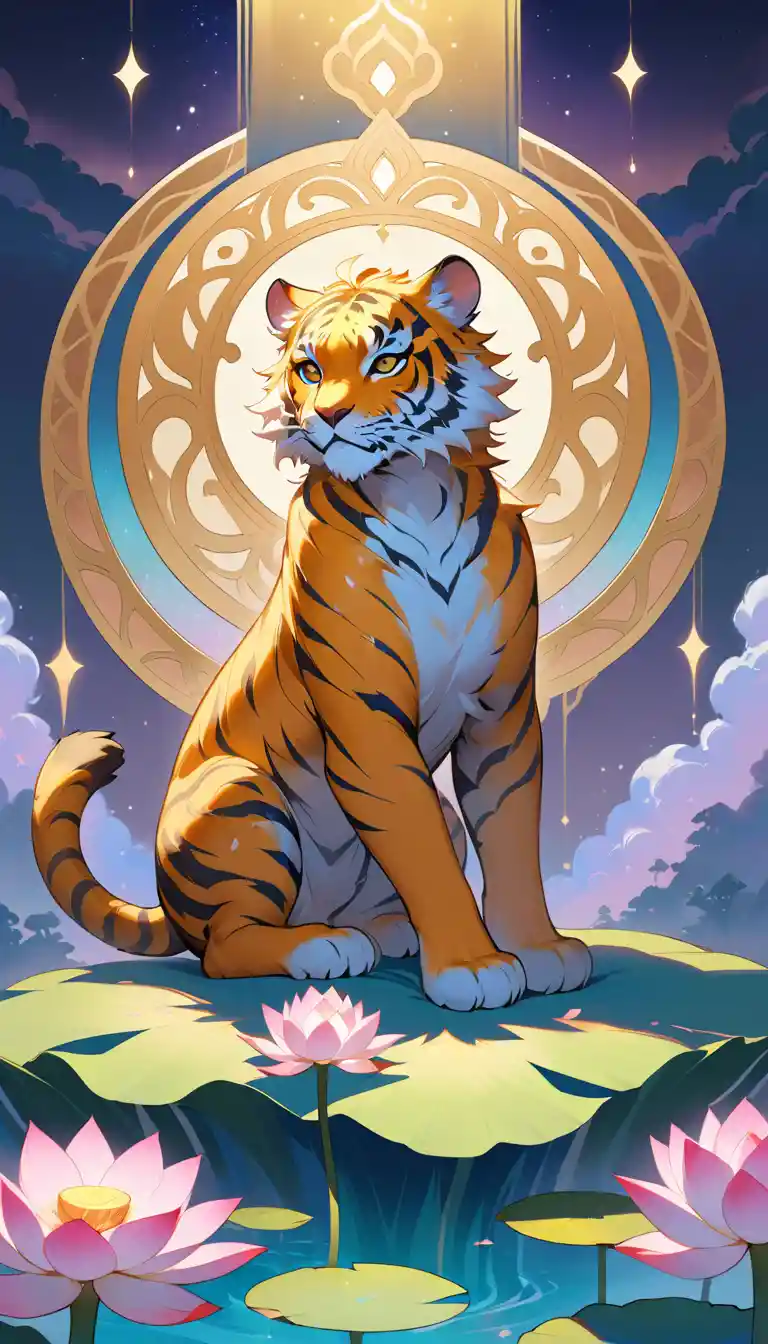 Espíritu de Tigre Místico Descansando con Gracia sobre una Flor de Loto