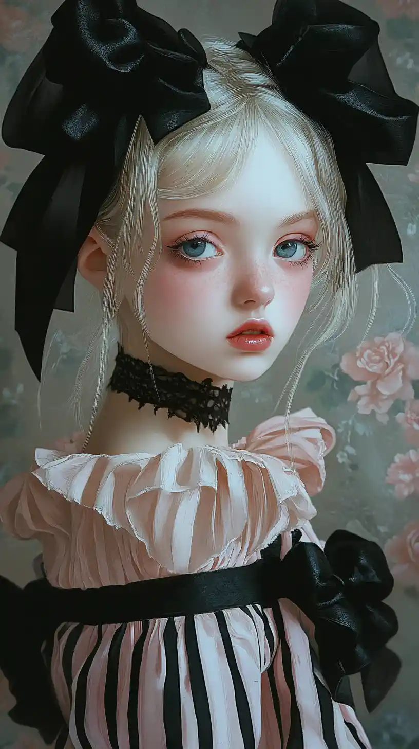 Melancholic gothic girl in pastel striped dress illustration