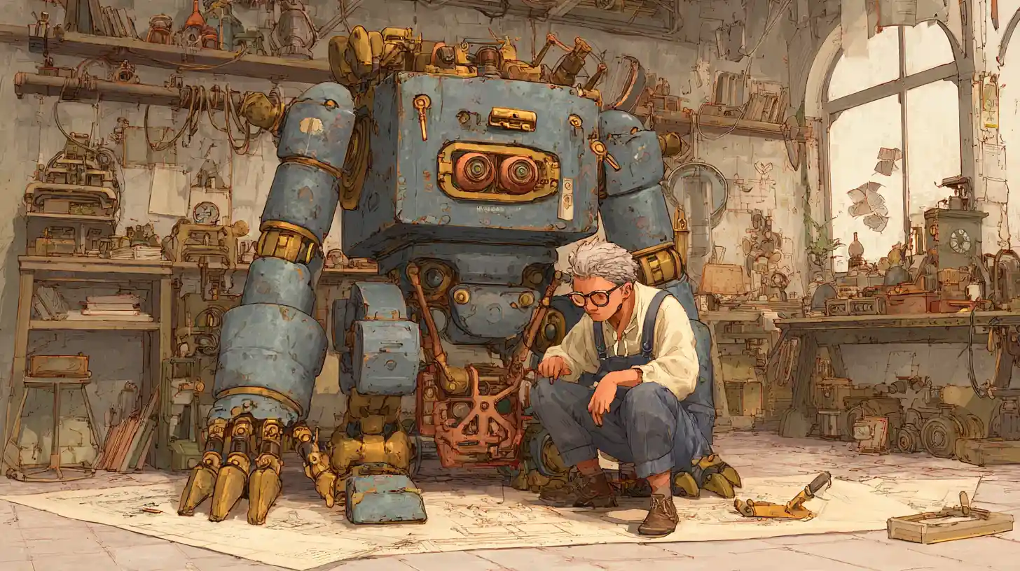 Steampunk robot and mechanic in a cluttered inventor workshop