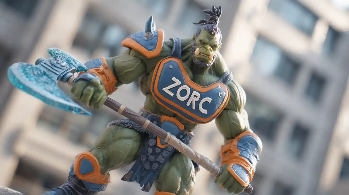 Muscular orc superhero posing on a city rooftop at night