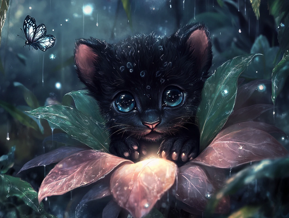 Baby panther cub in glowing enchanted flower at night