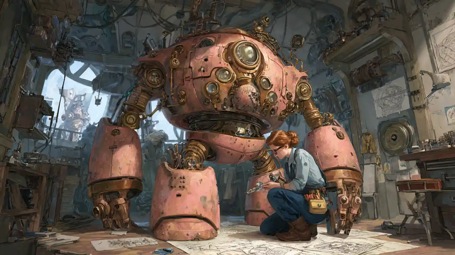 Steampunk robot and lab assistant in cluttered inventor workshop