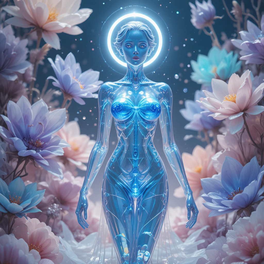 Statue de femme en cristal dans un paysage onirique floral lumineux et surréaliste