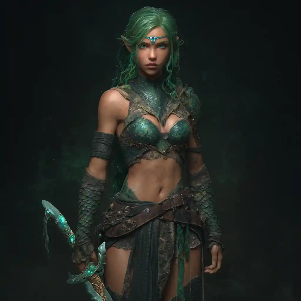 Sea elf sorceress with emerald eyes and green hair