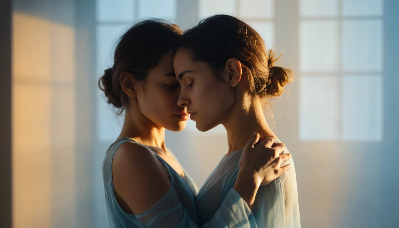 Woman Embracing Her Translucent Self In Soft Studio Light