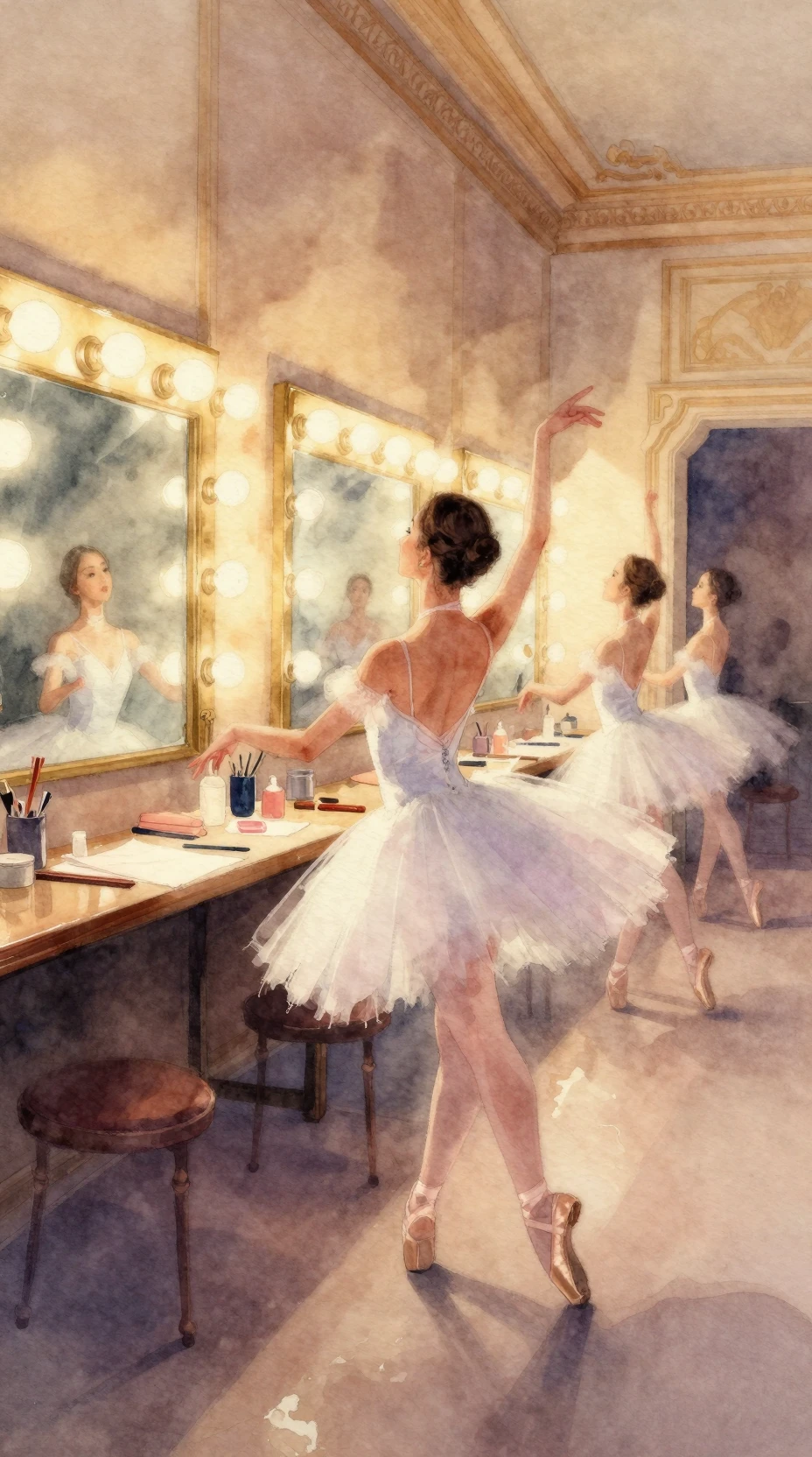 Watercolor ballerina in vintage theatre backstage glow