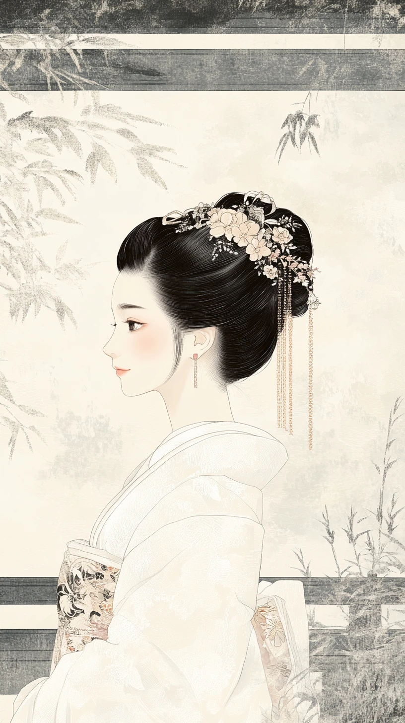 Serene tattooed woman in white kimono in Japanese print style