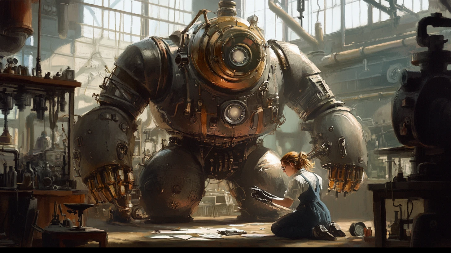 Steampunk robot and lab assistant in cluttered inventor workshop