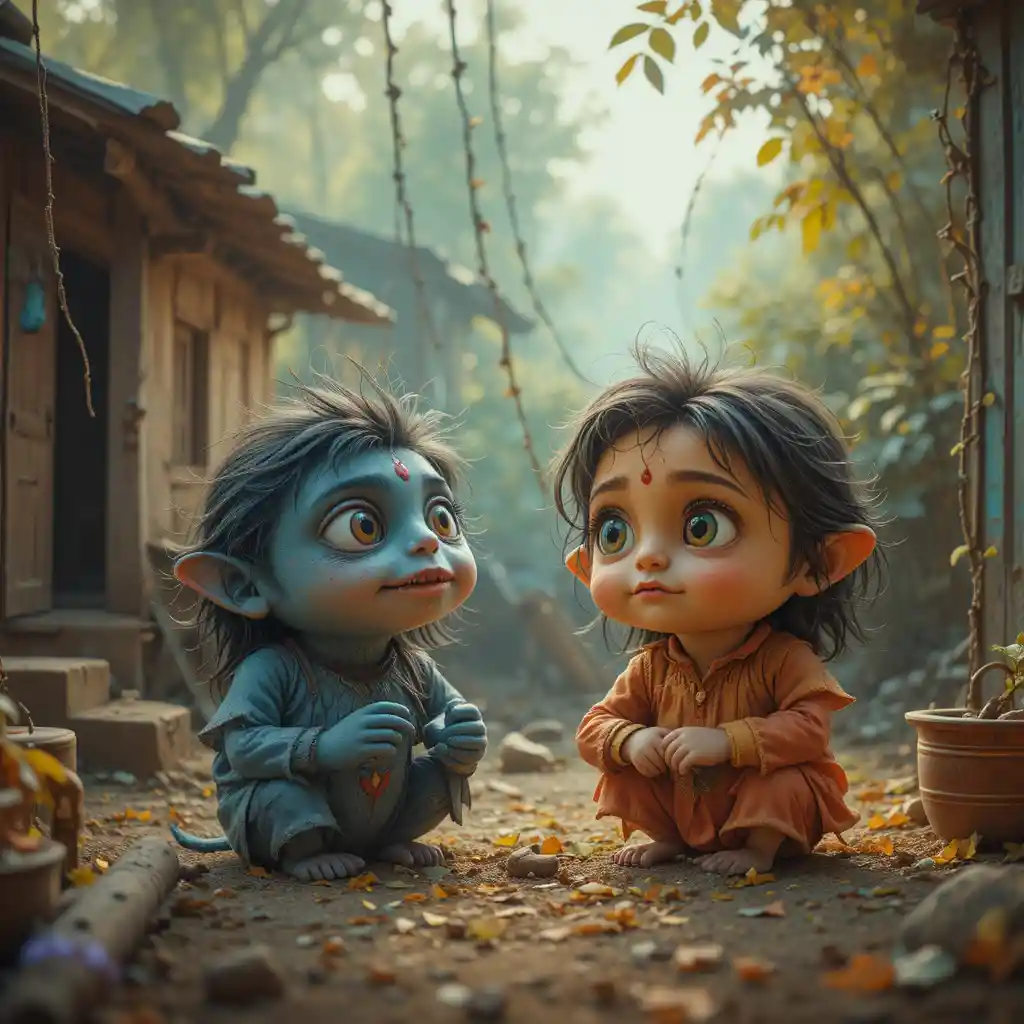 Sad child with two loyal dogs on village roadside