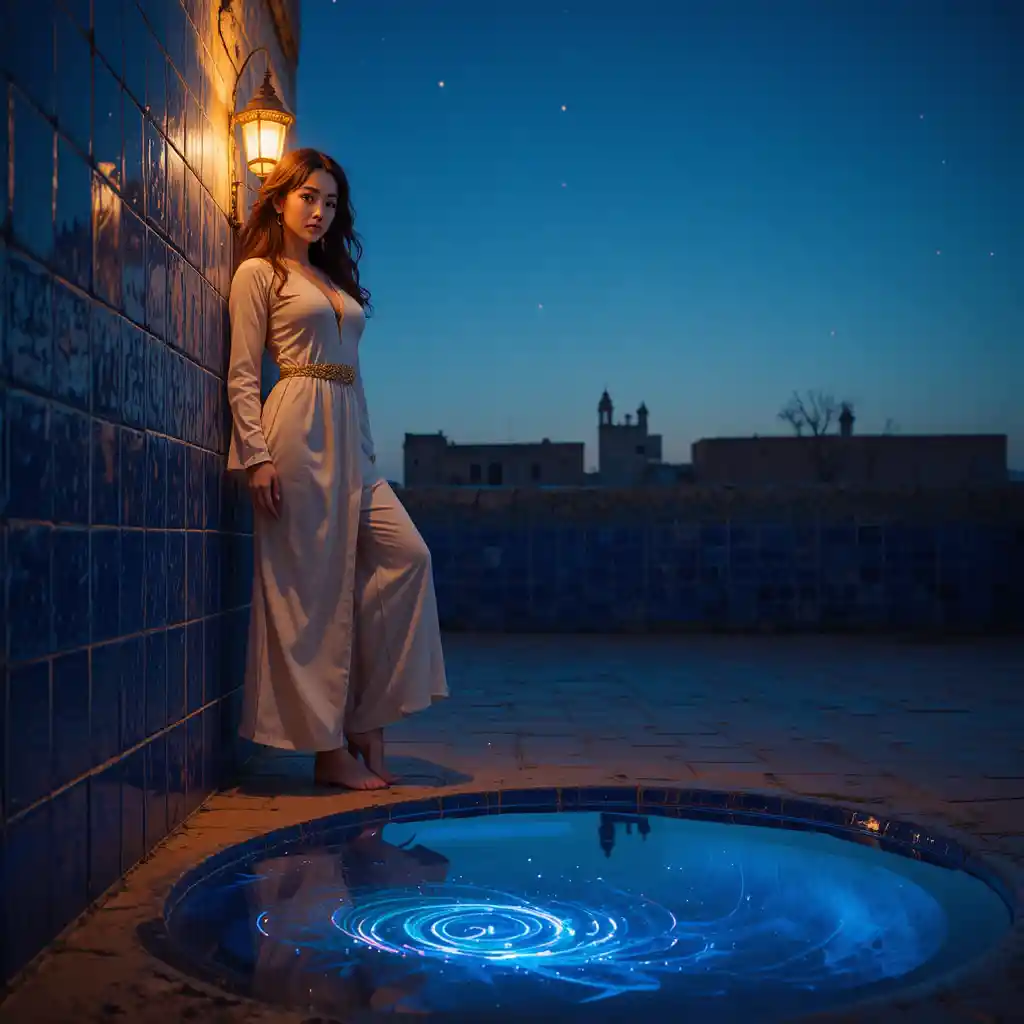 Young woman in cream djellaba by cobalt tiled wall