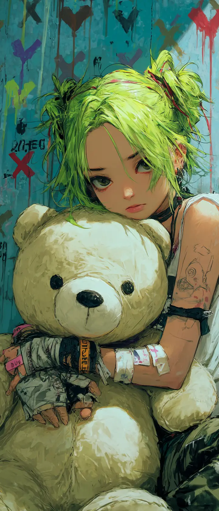 Street punk anime girl holding a torn teddy bear