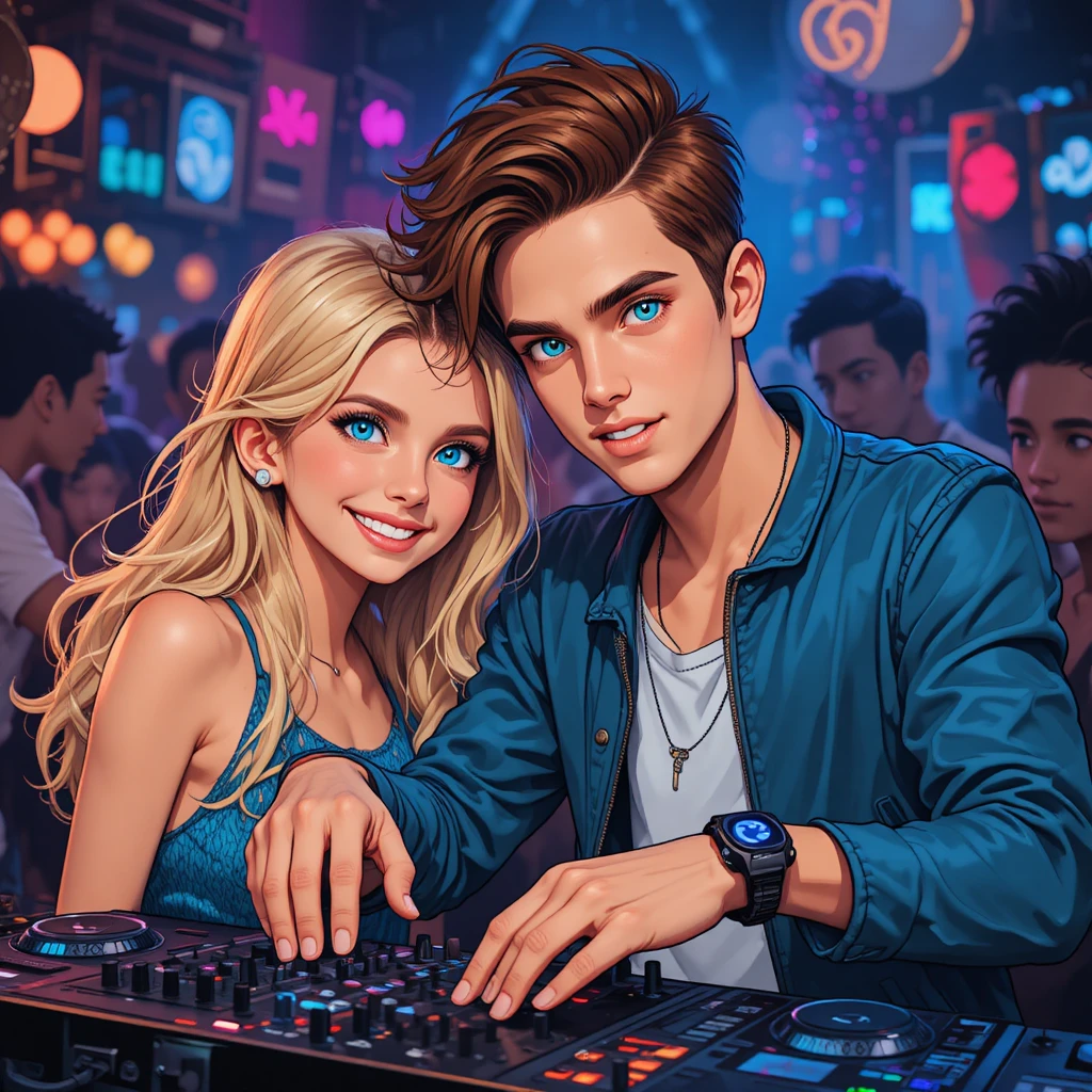 Young dj and smiling girl in a lively nightclub illustration