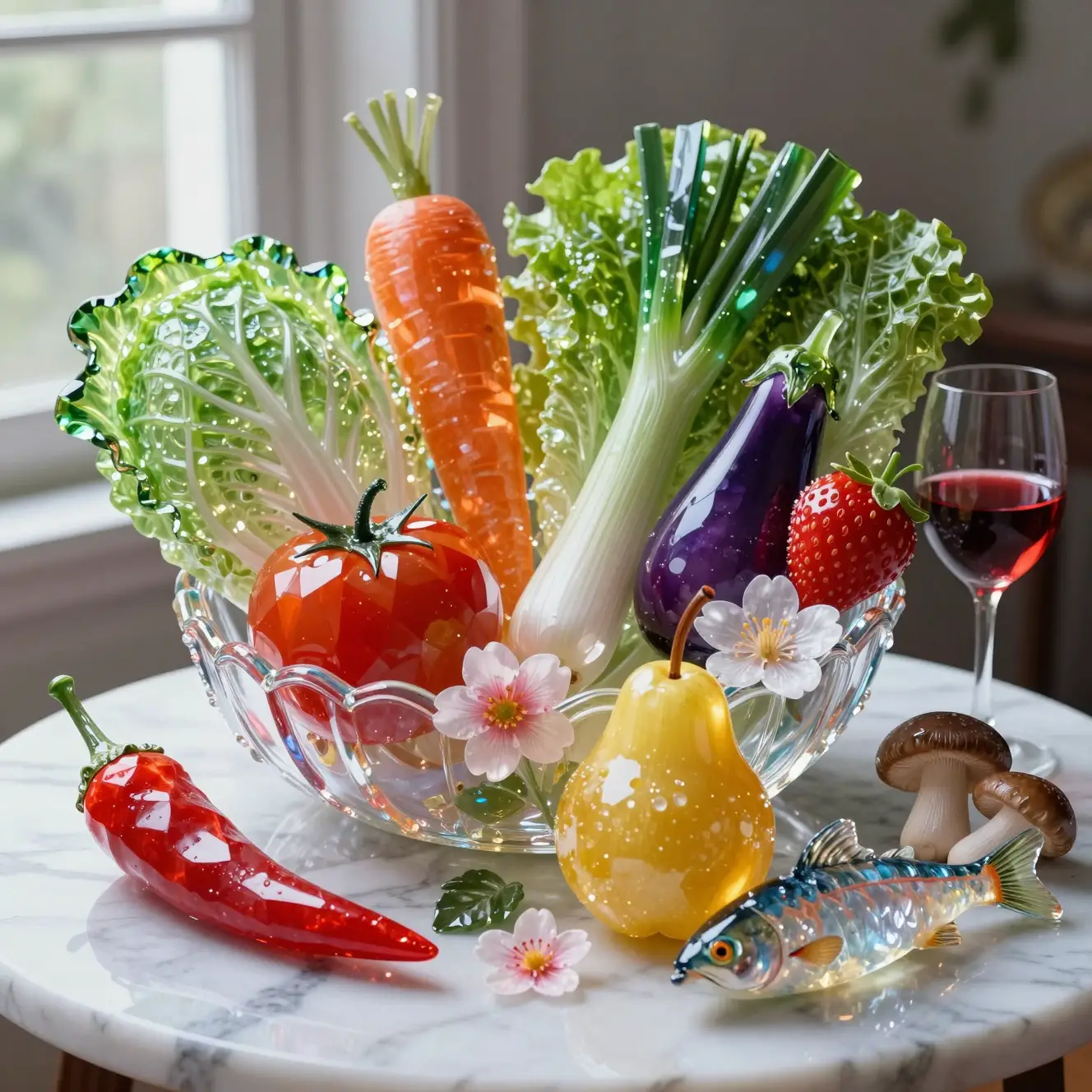 Crystal glass fruits and vegetables on marble table