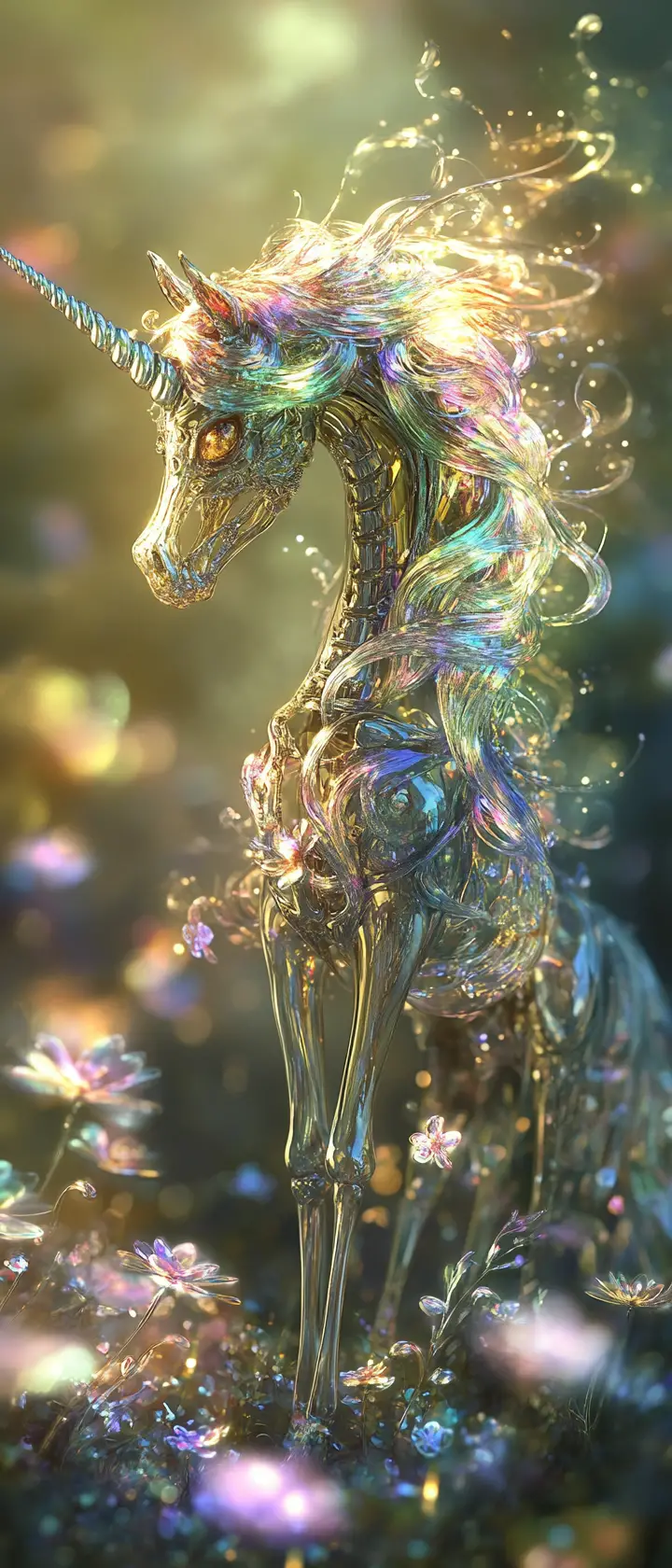 Skelett-Einhorn mit gläserner Mähne in einem Feld aus Glasblumen