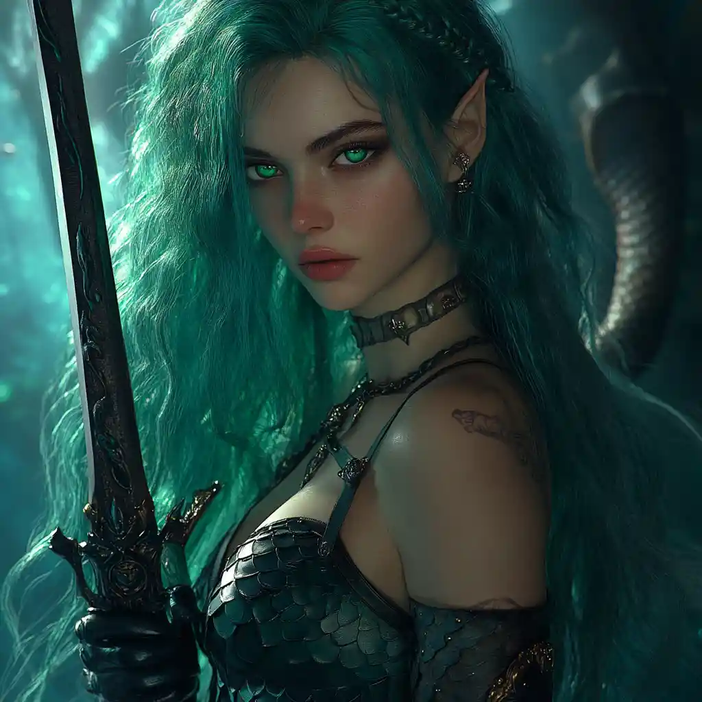 Sea elf sorceress with emerald eyes and enchanted dagger