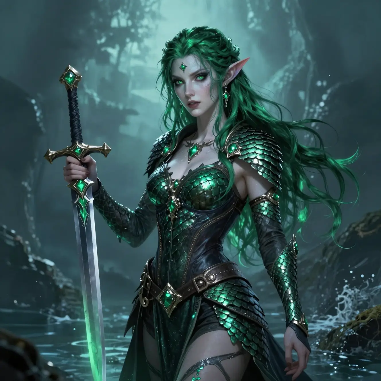 Sea elf sorceress with emerald eyes and enchanted dagger